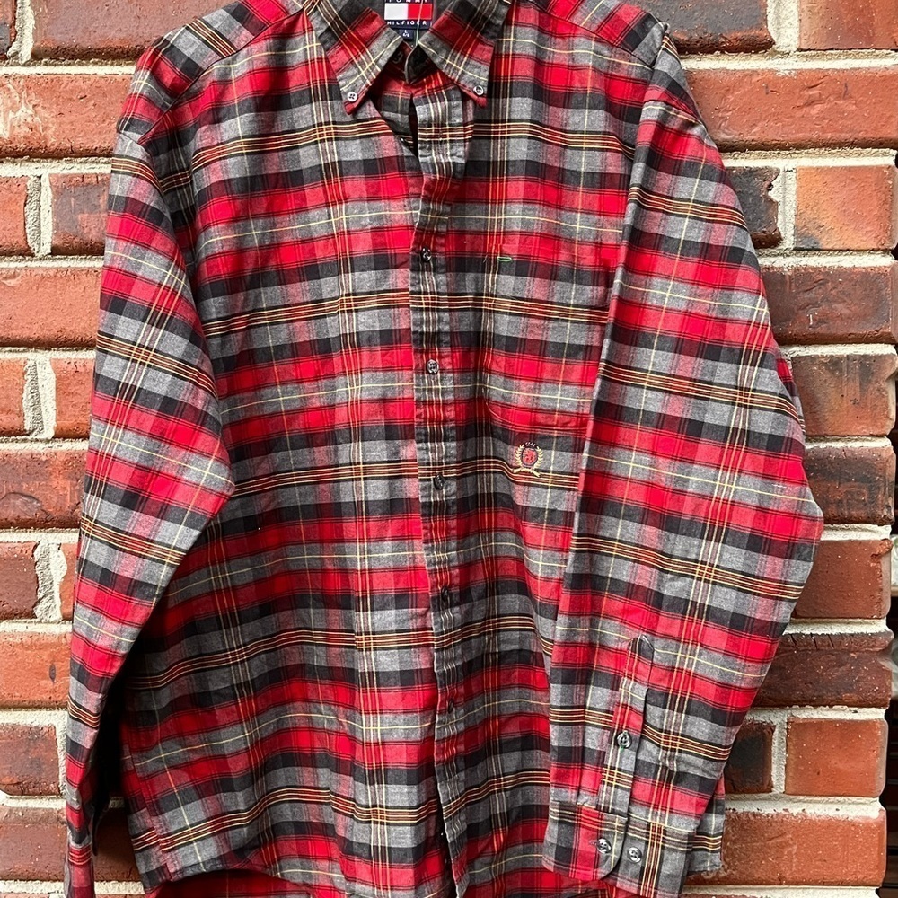 Tommy Hilfiger Black Gray Red Plaid Check Button Down Shirt Men’s - Picture 3 of 14